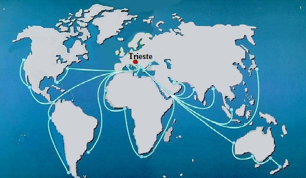 A world-map: Trieste is a red dot, many trade routs depart from it (light blue lines) reaching North and South America, Africa, the Mittle East, Asia and Oceania: the international Free Port of Trieste is a unique State corporation of the Free Territory.